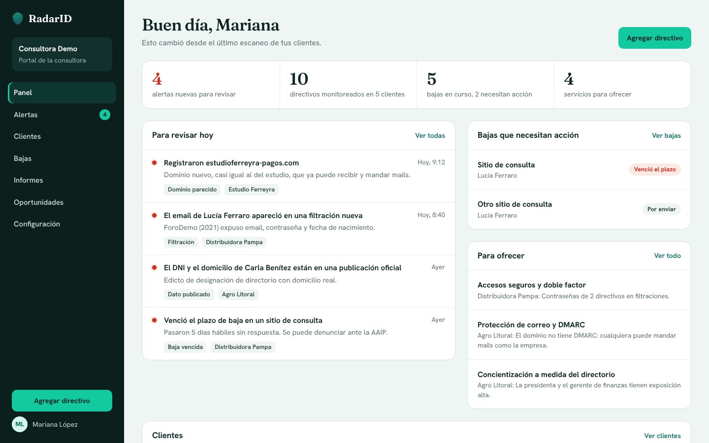Portal de RadarID con alertas, bajas y clientes